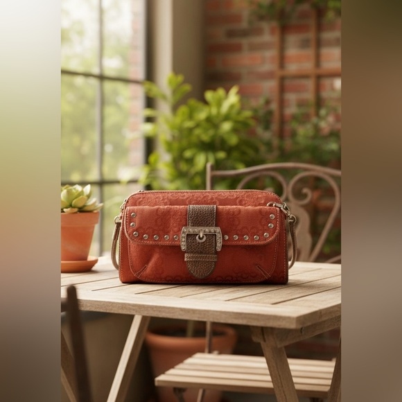 Kathy Van Zeeland Red Jacquard Studded Crossbody Bag Buckle Accent Purse